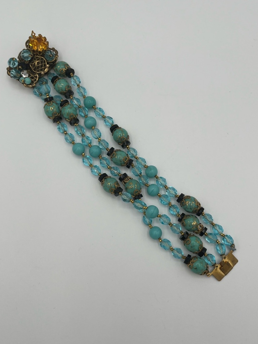 Unsigned Miriam Haskell Robin's Egg Blue Four-Strand Bracelet & Filigree Earring - Picture 10 of 13